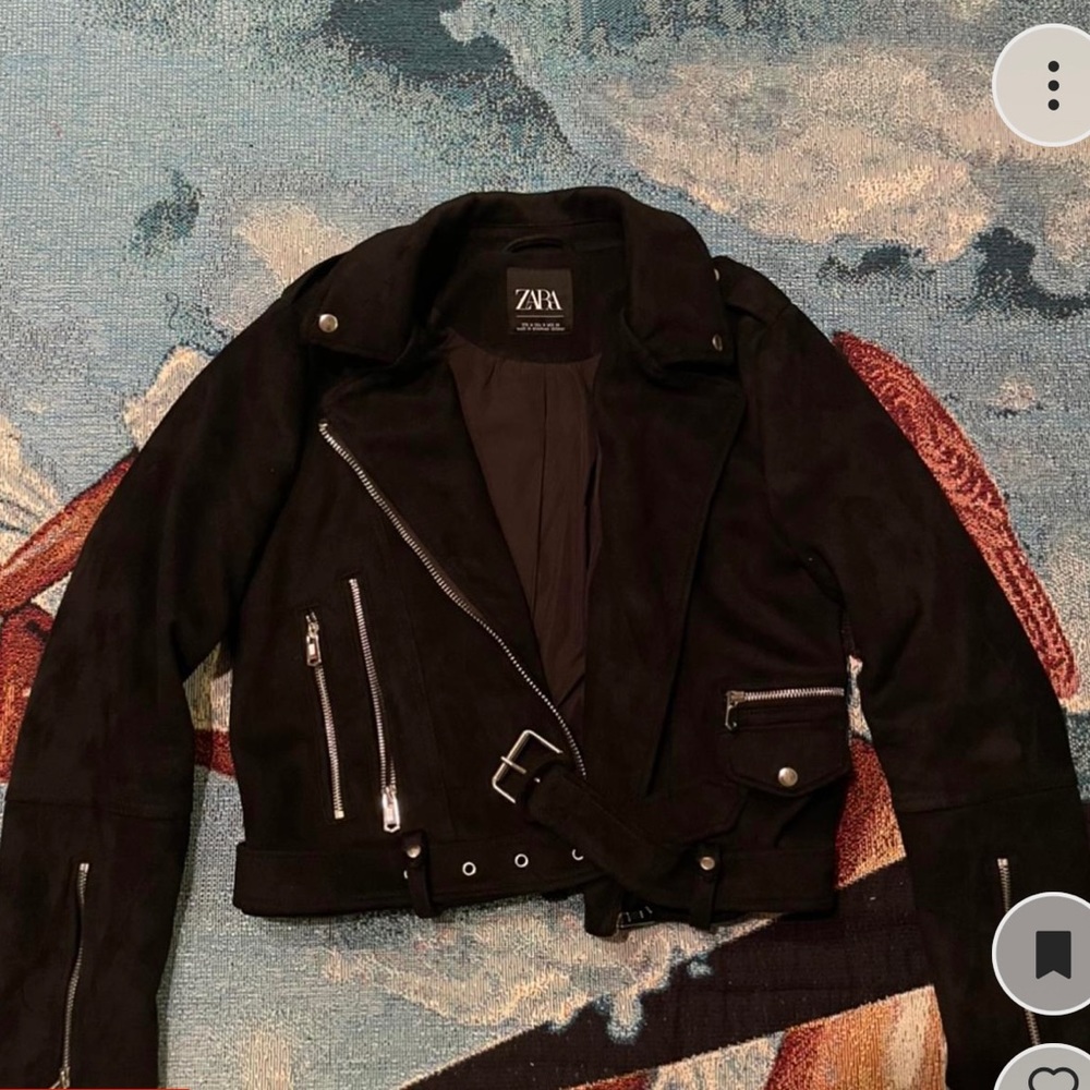 Zara Suede Cropped Black Biker Jacket Size M